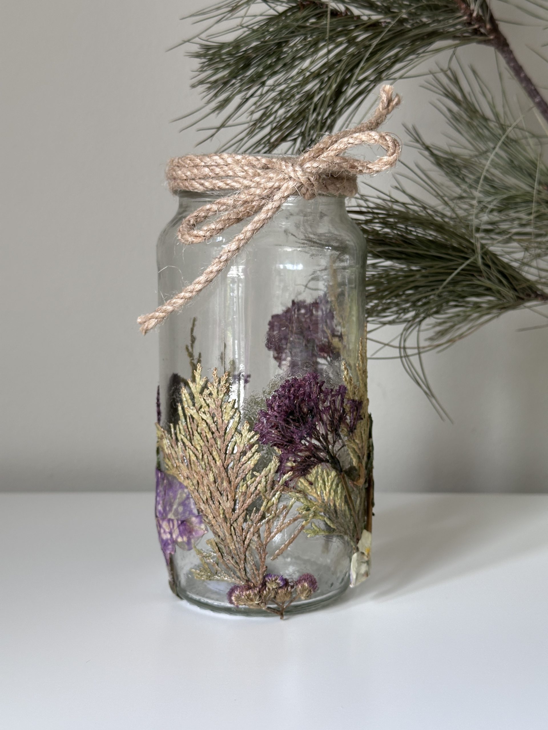 Green & Purple Pressed Flower Glass Jar